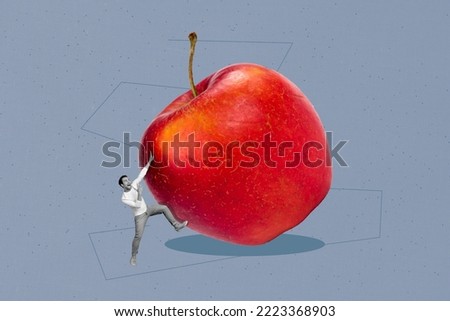 Composite collage illustration of little black white gamma guy hold huge apple fruit isolated on painted background