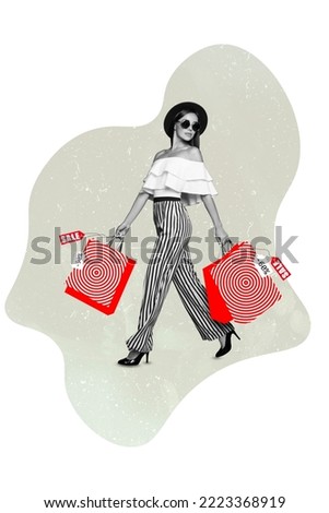 Vertical collage picture of pretty stylish girl black white gamma hold sale shopping bags walk limited time only deal