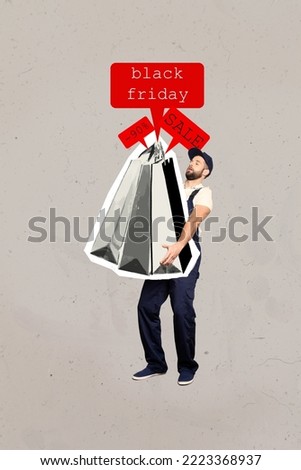 Creative photo 3d collage artwork poster of hardworking man deliver many packs another city town isolated on painting background