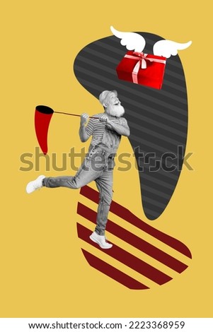 Creative photo 3d collage artwork poster banner of positive mature man want catch flying box isolated on painting background