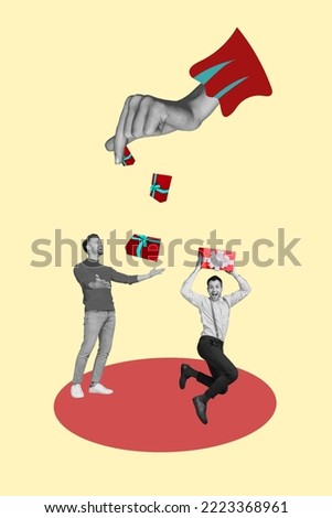 Creative photo 3d collage artwork banner of two positive guy get new year christmas gifts big human arm isolated on painting background