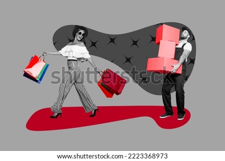 Creative photo 3d collage artwork poster of happy glamour girl step hold many packs man carry pile boxes isolated on painting background