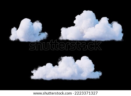 3d render, collection of abstract realistic clouds isolated on black background, weather clip art, sky design elements set