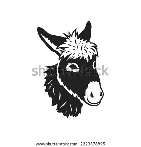
Donkey head silhouette. Realistic animal portrait. Vector monochrome illustration.