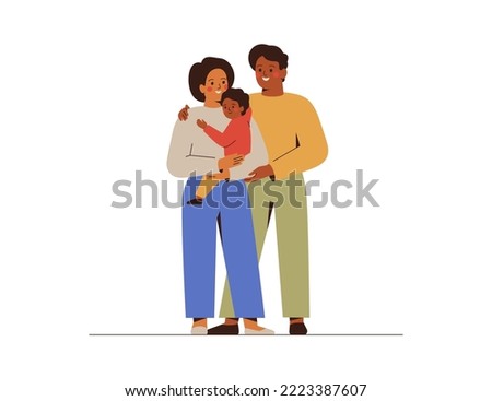 Multicultural family with one child. Young couple embrace their baby boy. Man and woman hug their toddler with love and care. Adoption and parenthood concept. Vector illustration Royalty-Free Stock Photo #2223387607