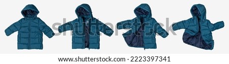 Green emerald children's winter autumn jacket with a hood isolated on gray background. Waterproof jacket for child, warm down jacket. Cutout clothing mockup. Fashion, style, outerwear Royalty-Free Stock Photo #2223397341