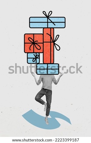 Creative photo 3d collage artwork poster postcard of funny man many boxes instead head preparing new year isolated on painting background