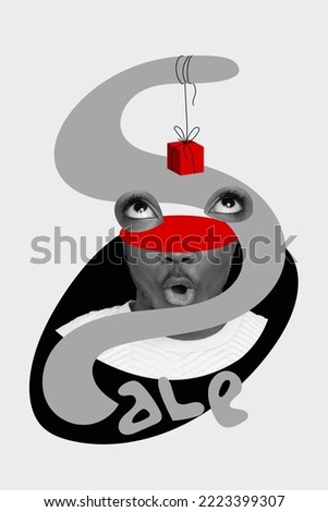 Creative photo 3d collage artwork banner of funny person interested buy new year christmas gifts low prices isolated on painting background