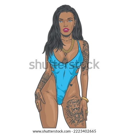 Girl in swimsuit colorful label portrait of African American woman with youth tattoos on body in confident pose vector illustration