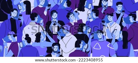 People crowd with mobile phones in hands. Smartphone addiction concept. Many addicted men, women online, surfing internet, social media, looking at cellphone screens. Flat vector illustration. Royalty-Free Stock Photo #2223408955