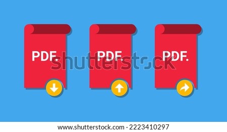 Vector of PDF download icon, PDF upload icon,and PDF share icon. PDF file format logo with download, upload, and share label.Portable Document Format. Flat folded document logo.