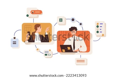 Online business communication, remote work process concept. Boss, manager giving tasks and feedback about project  to employee. Distant workflow. Flat vector illustration isolated on white background. Royalty-Free Stock Photo #2223413093