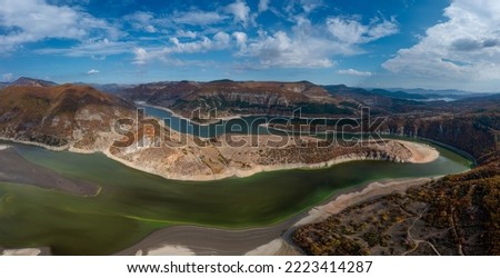 A panorama drone view of the Kardzhali reservoir and Arda River Bends in Bulgaria