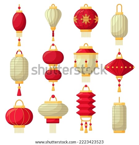 Chinese lantern traditional red light and oriental decoration of china culture for asian celebration. Set of festival decor paper lamp isolated on white background. Vector illustration