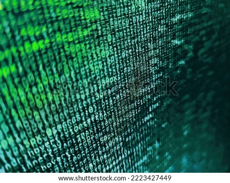 Developer working on program codes. Screen of web developing php code on dark background. Digital abstract bits data stream, cyber pattern digital background Royalty-Free Stock Photo #2223427449