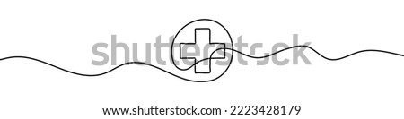 Continuous linear drawing of hospital sign. Medical cross icon. Abstract background drawn with one line. Vector illustration.