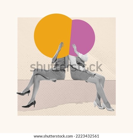Girlfriends. Contemporary art collage. Two women with color speech bubble, copy space instead heads over abstract background. Concept of vintage retro style, surrealism, imagination, inspiration, ad.