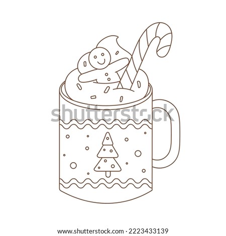 Coloring page outline of Christmas cup with candy cane and gingerbread man. Outlined hot chocolate cup. Coloring vector book antistress for adult and kids.   
