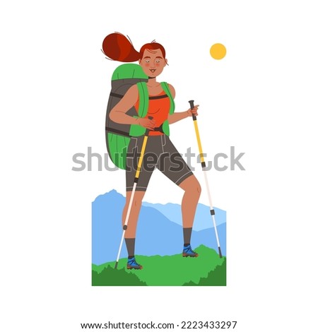 Redhead Woman Character Hiking in the Mountains with Pole and Backpack Vector Illustration