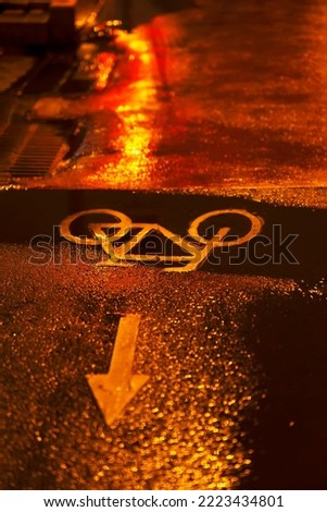 Bicycle Lane Sign On Road At Night. City Urban Street, Traffic Light, Reflection. Abstract urban blurred background