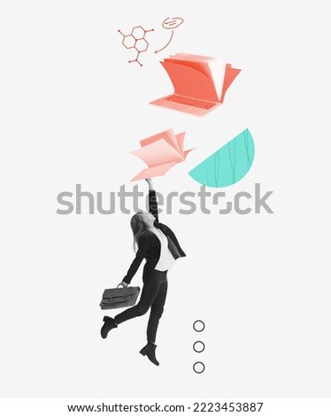 Contemporary art collage. Conceptual image. Young girl, student jumping and catching books. Growing knowledges. Concept of education, online studying, knowledge development, information