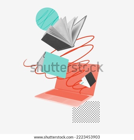 Contemporary art. Conceptual image. Paper books falling down into laptop symbolizing popularity of online information search. Concept of education, online studying, knowledge development, information Royalty-Free Stock Photo #2223453903
