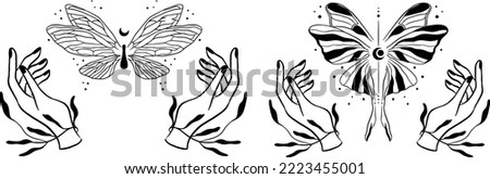 Hands silhouette with plants, leafe, moon and butterflies. Vector illustration