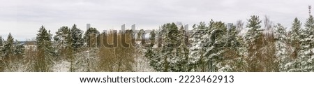 White snow on trees in winter. Snow-covered branches of trees and shrubs after a snowfall. Pine trees in the winter season. Nature in the forest in winter. Panorama of the forest in winter. Royalty-Free Stock Photo #2223462913