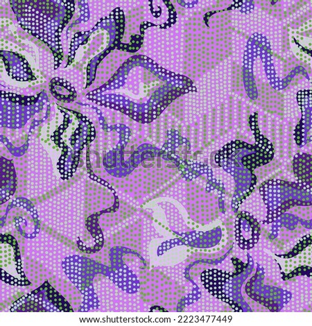 Seamless decorative diamond pattern. Abstract curved lines and circles overlap by dotted rhombuses. Modern geometric dynamic design. High resolution repeatable fashion print. Mixed grid ornaments.