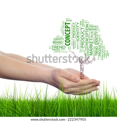 Concept conceptual tree word cloud tagcloud in man or woman hand isolated on white grass background, metaphor to business, trend, media, focus, market, value, product, advertising, sale or corporate