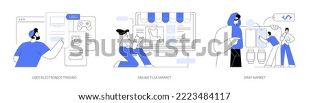 Second hand trade abstract concept vector illustration set. Used electronics trading, online flea market, gray market, digital auction, internet shop, illegal sales, ecommerce abstract metaphor. Royalty-Free Stock Photo #2223484117