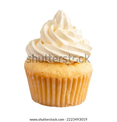 Vanilla Cupcake with Vanilla Frosting On a Transparent Background: Side view of a vanilla cupcake with icing and a white paper wrapper Royalty-Free Stock Photo #2223493019