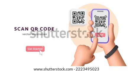 3d vector  hand holds smartphone and push button to scans qr code for online payment, money transaction on mobile app service. Cartoon plastic render Digital marketing, online purchase on websiteю Royalty-Free Stock Photo #2223495023
