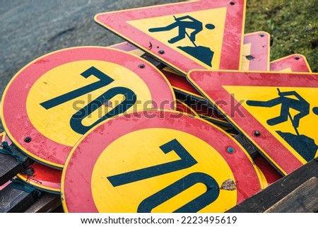 Road signs for road repair for road works.