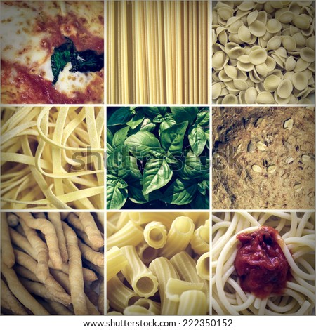Vintage looking Italian food collage including 9 pictures of pasta, bread, pizza