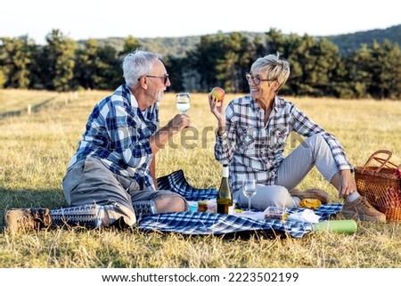 Senior couple make picnic on nature with blanket full of food, he drink vine while she holding red apple and talk to each other Royalty-Free Stock Photo #2223502199
