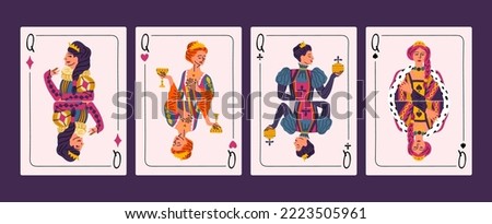 Cartoon Color Four Queens Figures from Deck of Playing Cards Set Concept Flat Design Style. Vector illustration
