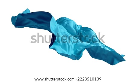 3d render, abstract blue drapery falling. Silk fabric flies away. Fashion clip art isolated on white background