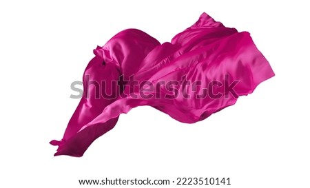 3d render, abstract fuchsia pink drapery falling. Silk fabric flies away. Fashion clip art isolated on white background