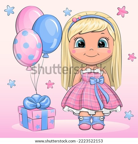 Cute cartoon girl in a beautiful dress and a gift box with balloons. Birthday vector illustration on pink background with stars.
