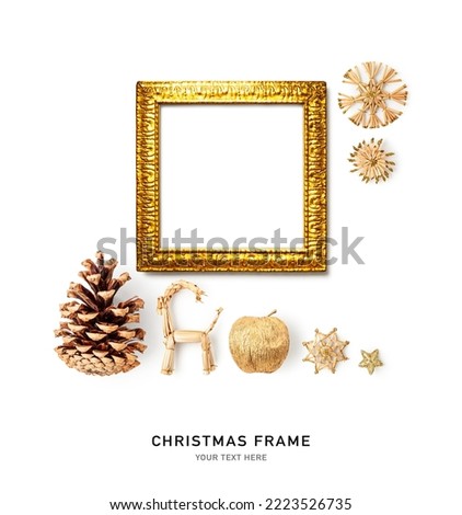 Christmas decoration and vintage golden frame creative layout. Festive composition isolated on white background. Flat lay, top view. Design element. Copy space
