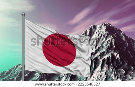 Japan national flag cloth fabric waving on beautiful Mountain Background.
