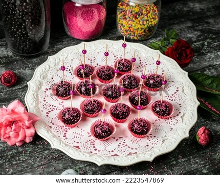 French pastries colorful and tasty dessert on the table. Delicious cream cake on table. Decorated desserts and cakes. Cute little cakes. Fruit cake. Chocolate cake with fruit close-up stock photo