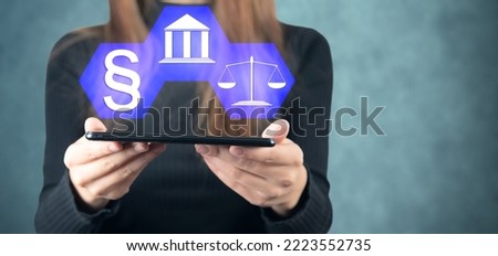 Paragraph, scales and courthouse icon. Woman holding a phone in her hand