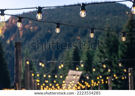 Decorative light bulbs on wooden poles in a mountainous area.