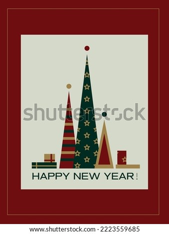 geometric christmas tree res green and yellow colors postcard and presents near tree