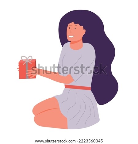 Cute celebrating woman with gift is sitting on the floor vector illustration