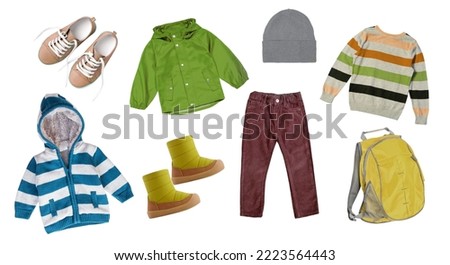 Boy's clothes, male kid's fashion clothing isolated. Child's wear set. Autumn,winter outfit.