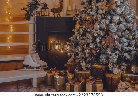Stylish living room interior with beautiful fireplace, Christmas tree, Lights Presents Gifts Toys, Candles And Garland, Interior design