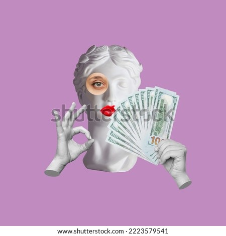 Antique female statue's head shows the ok gesture holding a wad of hundred-dollar cash bills isolated on purple color background. 3d trendy collage in magazine surreal style. 3d contemporary art